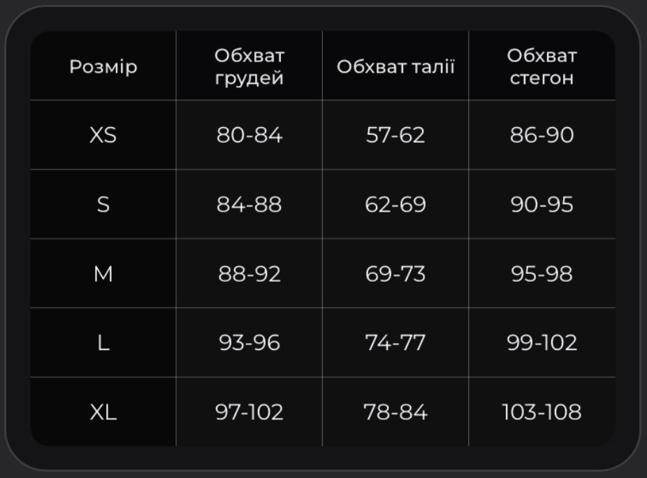 Таблиця розмірів