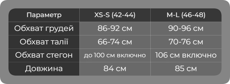 Таблица размеров