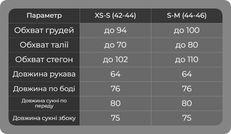 Таблица размеров