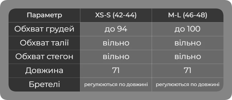 Таблица размеров