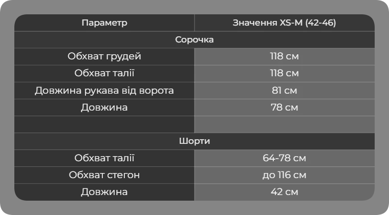 Таблица размеров