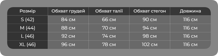 Таблица размеров