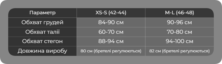 Таблица размеров