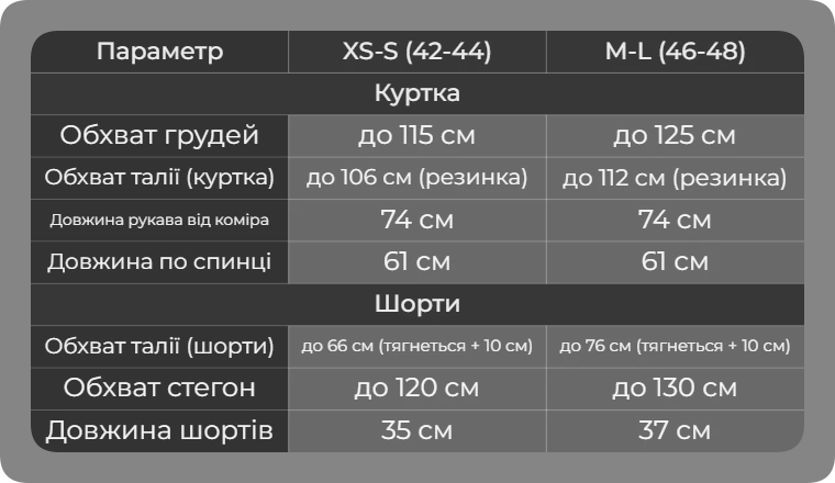 Таблица размеров