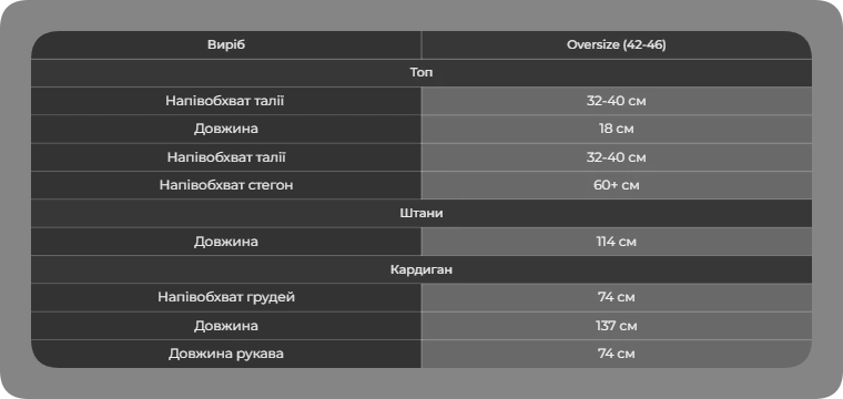 Таблица размеров