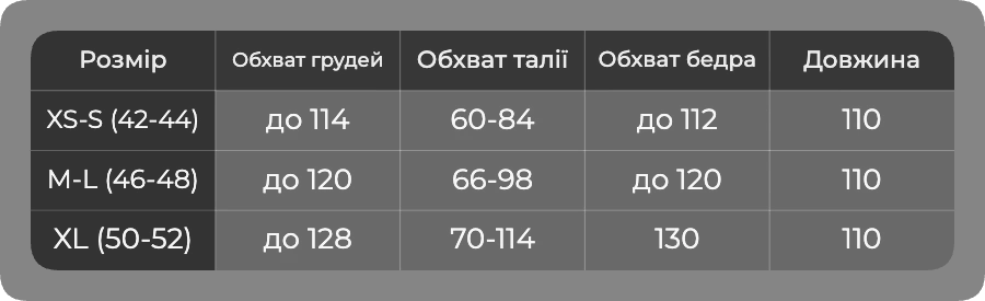 Таблица размеров