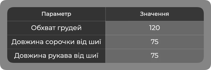 Таблица размеров