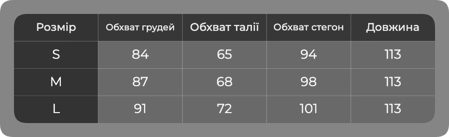 Таблица размеров