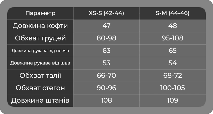 Таблица размеров
