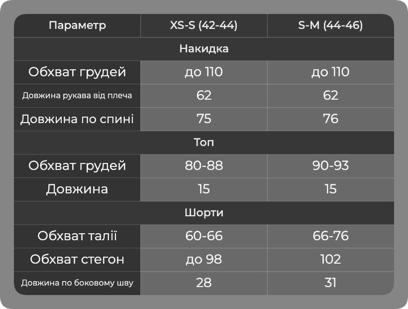 Таблица размеров