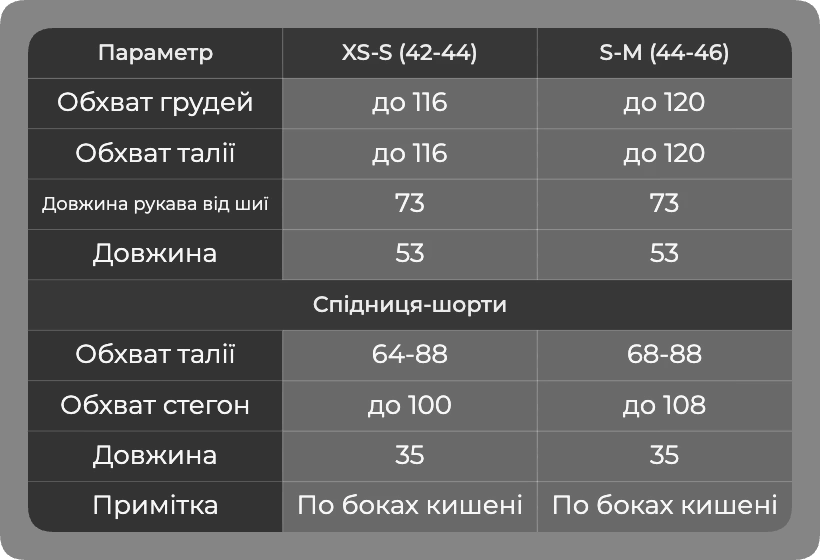 Таблица размеров