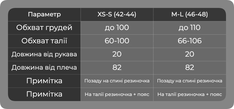 Таблица размеров