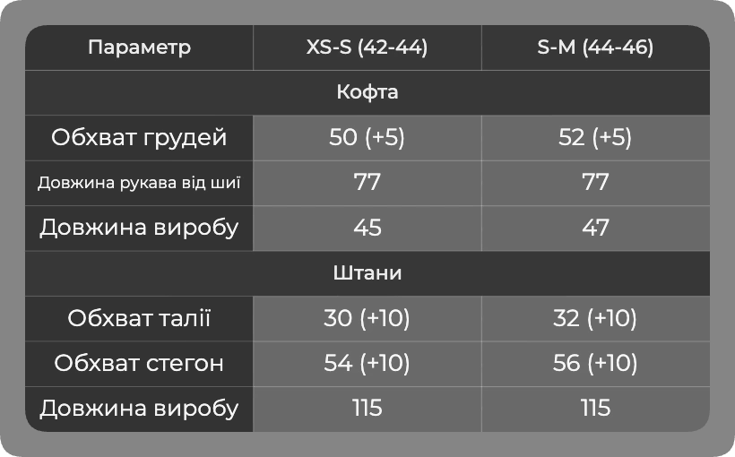 Таблица размеров