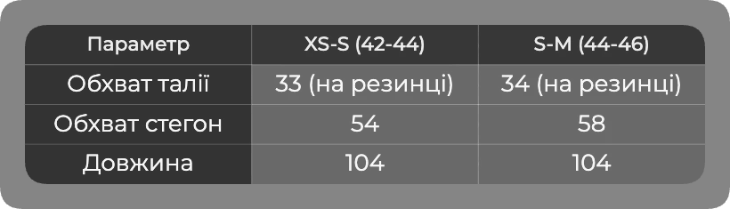 Таблица размеров