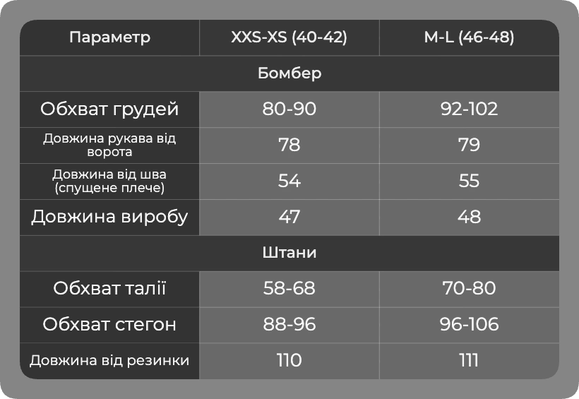 Таблица размеров