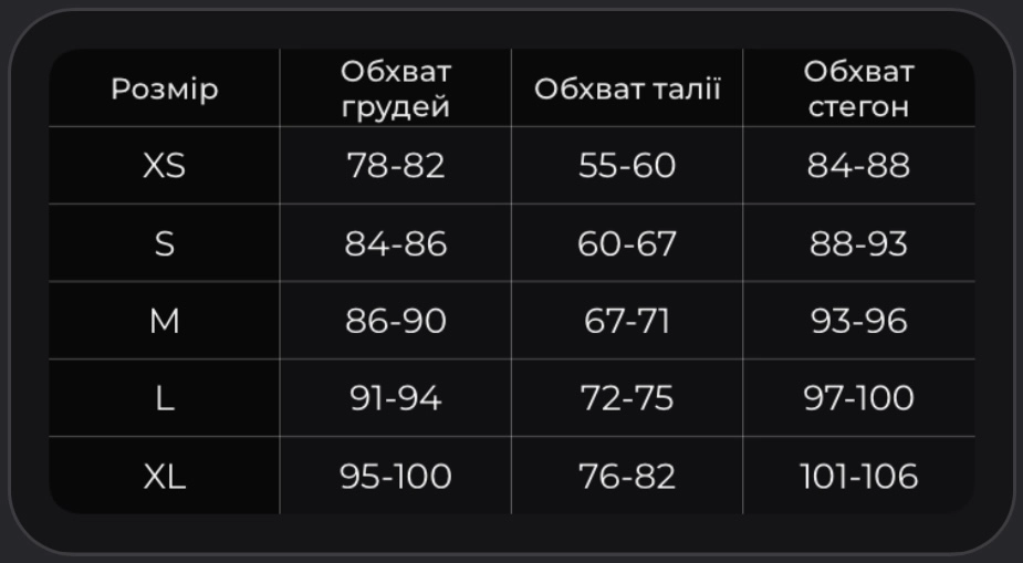 Таблица размеров