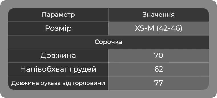 Таблица размеров