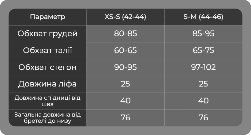 Таблица размеров