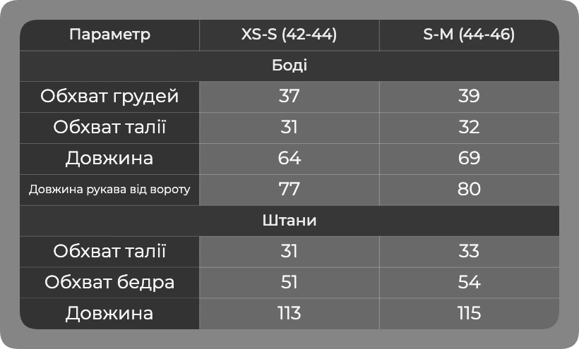 Таблица размеров