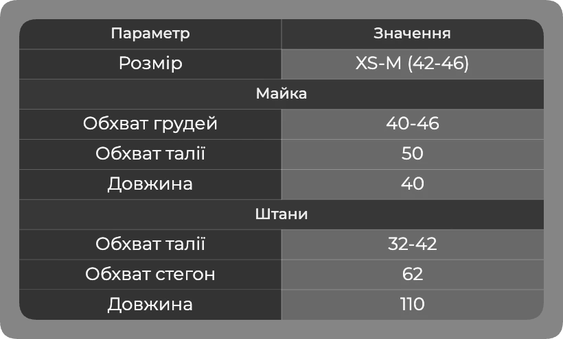 Таблица размеров