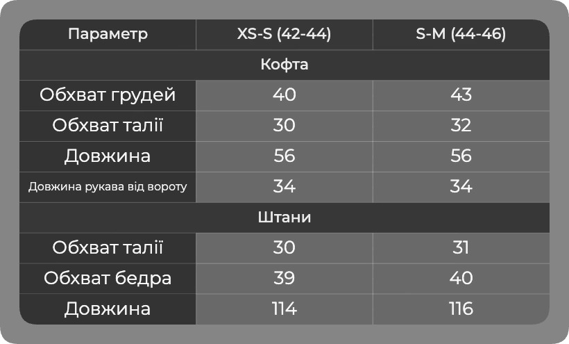 Таблица размеров