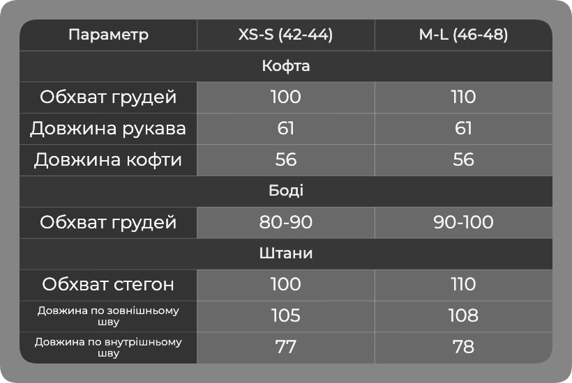 Таблица размеров