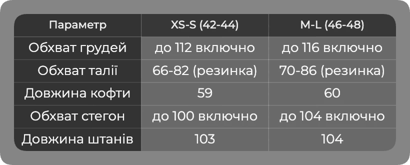 Таблица размеров