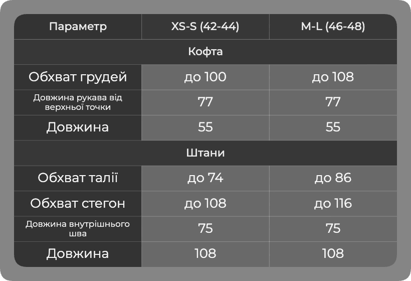 Таблица размеров