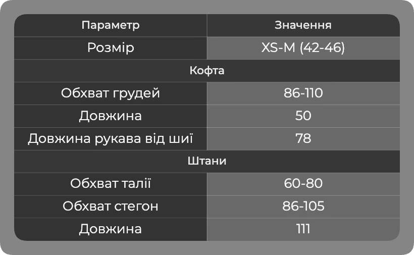 Таблица размеров