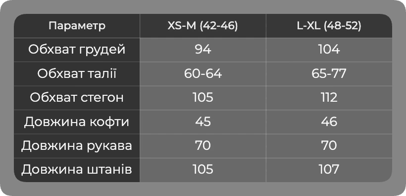 Таблица размеров