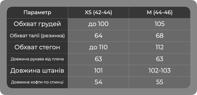 Таблица размеров