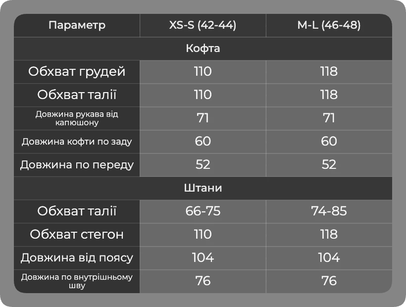 Таблица размеров