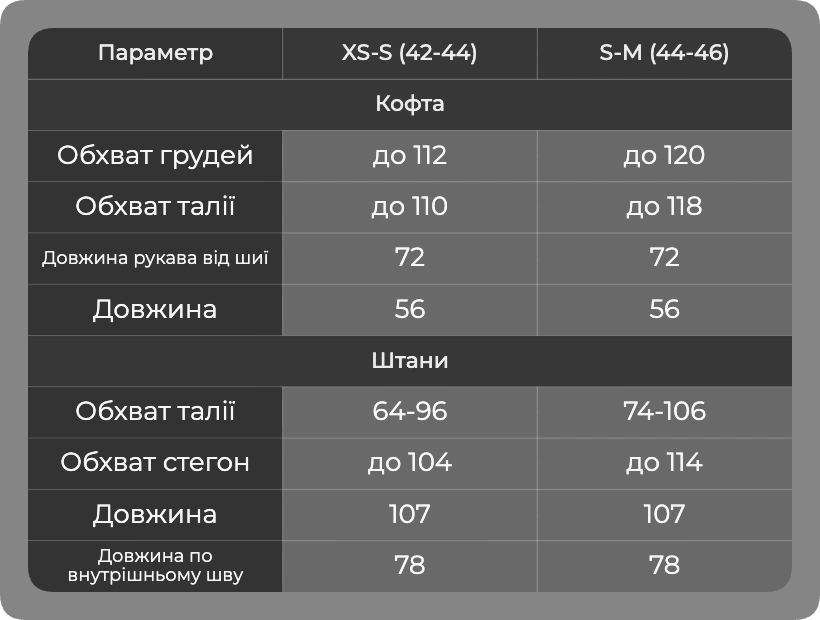 Таблица размеров