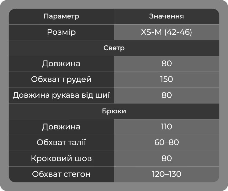 Таблица размеров
