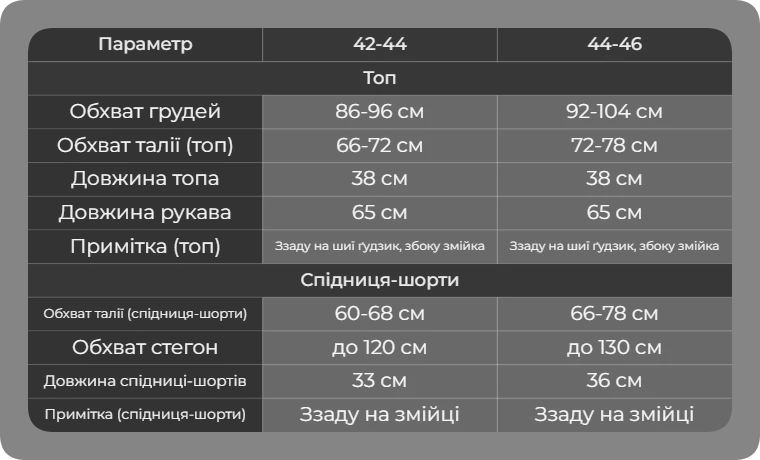 Таблица размеров