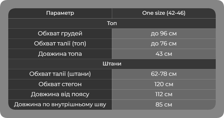 Таблица размеров