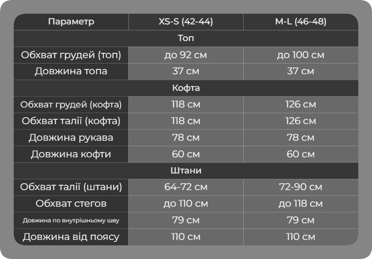 Таблица размеров