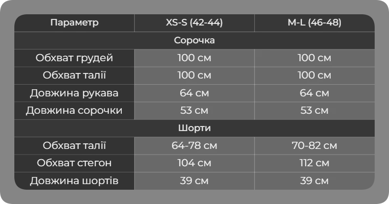 Таблица размеров