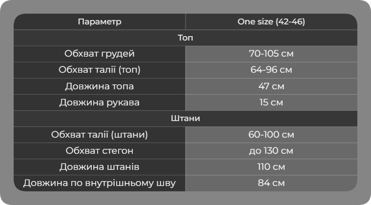 Таблица размеров